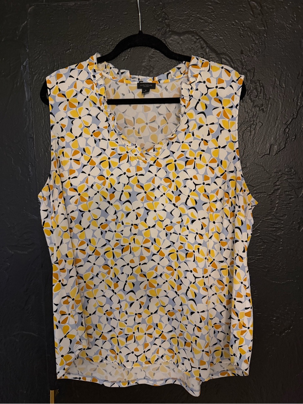 Ann Taylor Yellow and Navy Floral V-Neck Sleeveless Top